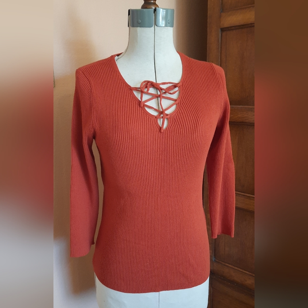 Cinnamon Stretchy Knit Top with Lace-Up Detail